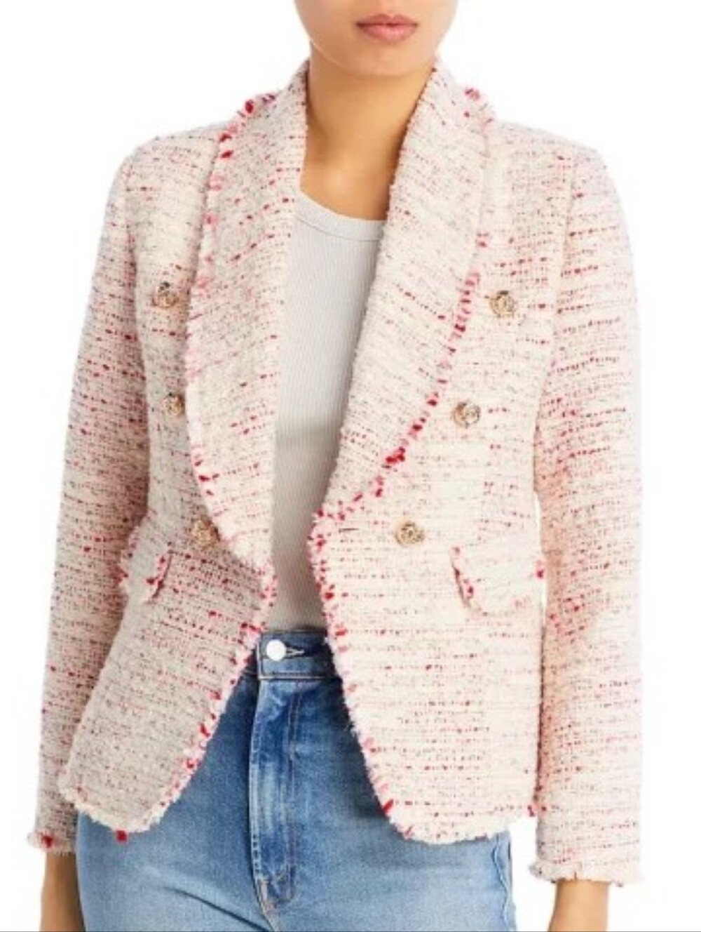 AQUA Tweed Double Breasted Fringed Boucle Blazer Pink - Small